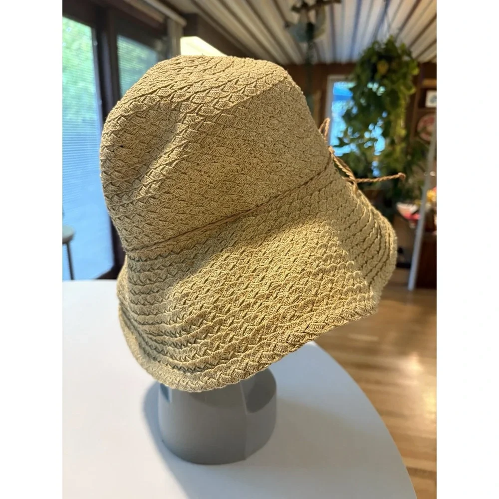 Talbots Woven Straw Sun Hat Wide Brim Paper Cotton Blend With Bow‎ Natural Tan